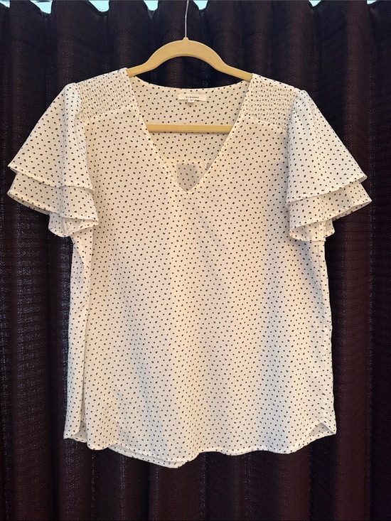 Pleione Tops - Pleione White V-Neck Flutter Sleeve Polka Dot Blouse